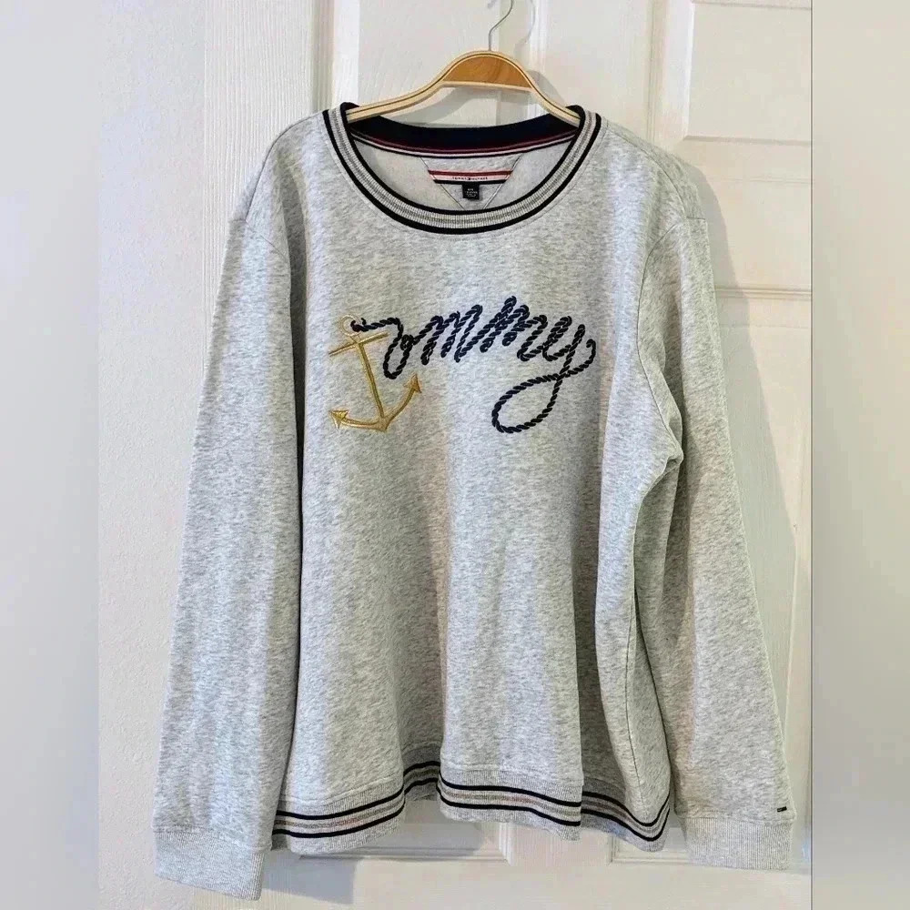 Tommy Hilfiger Women's XXL Gray‎ Nautical Anchor Logo Crewneck Sweatshirt VTG